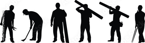 Construction worker silhouettes carrying materials and using tools, builders industrial labor workforce jobsite illustration collection set