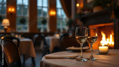 epilogue. A cozy dining room with a fireplace and a glass on the table. real-estate listings, architecture portfolios, designed for real-estate listing and luxury residence showcases.