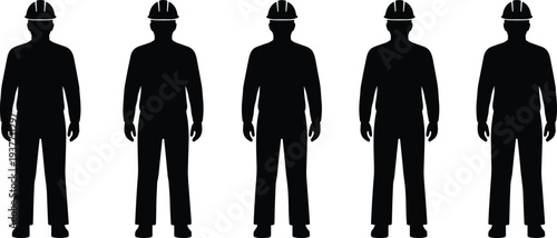 Construction Worker Silhouette Icons Set Featuring Team Unity, Hard Hats, and Upright Standing Figures for Industrial and Workforce Design