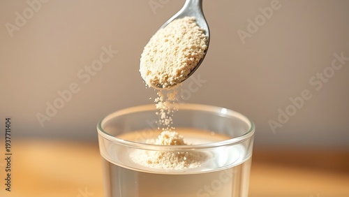 psyllium. Spoonful of psyllium husk powder being poured into glass of water. menu design, packaging mockups, designed for culinary blogs and recipe cards for restaurants, used by financial analysts.