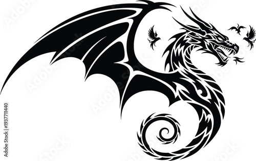 Powerful black dragon silhouette vector illustration featuring a fierce mythical creature with large wings and tribal style details for fantasy gaming or tattoo design.