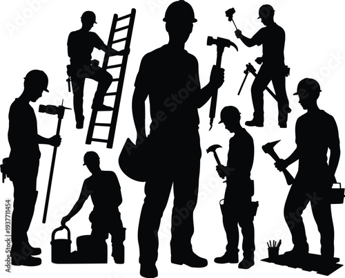 Construction worker silhouettes collection, builders with hammer and ladder, repair maintenance work, industrial labor workers set