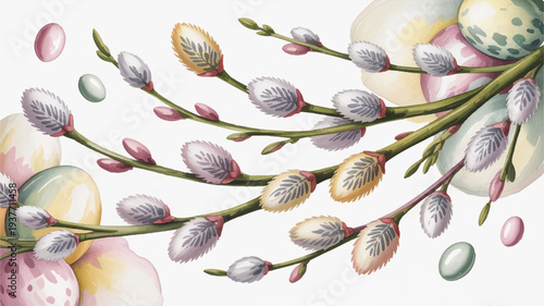 Watercolor illustration of willow branches with catkins and easter eggs in pastel colors on white background symbolizing spring renewal and festive celebration