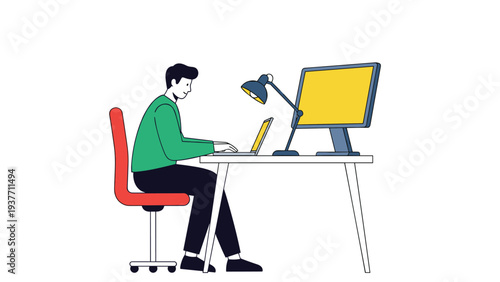 Focused man working at a white desk with both a laptop and a desktop computer monitor in a home office setup.