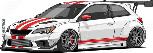 Racing car illustration with red accents on white background viewed from the front side