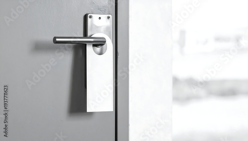 Silver door handle mounted on grey door, with soft, blurred light from a window on the right