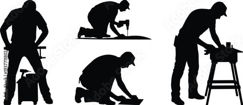 Construction worker silhouettes drilling cutting repairing tools, builder manual labor workforce working poses industrial jobsite illustration collection
