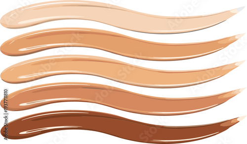 Professional vector illustration of liquid foundation cream swatches in various skin tone shades from fair to dark for beauty and cosmetic makeup concepts.