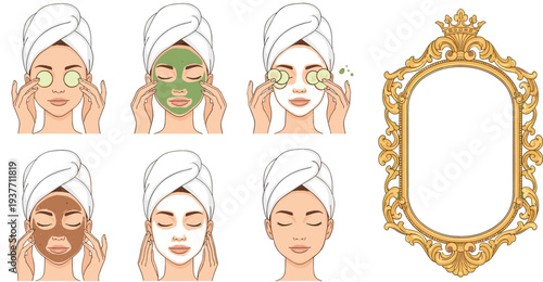 Professional vector illustration showing a woman applying different facial masks and cucumber slices for skincare routine alongside an elegant ornate gold mirror frame.