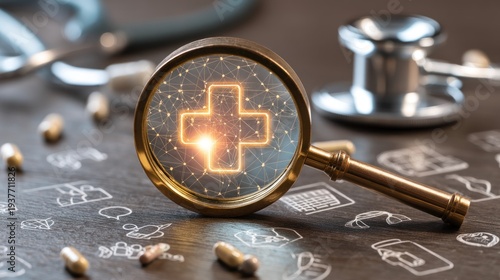 Medical examination concept illuminated cross viewed through magnifying glass