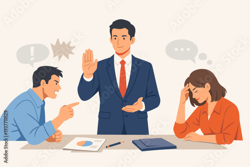 Assertive leader mediating workplace conflict between angry male employee and stressed female colleague. Professional manager using communication skills to solve problems and manage emotions.