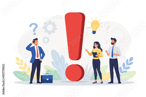 Business people standing near a giant red exclamation mark for important information, warning, or problem solving. A man is confused while a team finds a creative idea and solution.