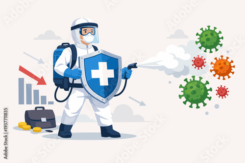 Business Professional in Protective Hazmat Suit with Shield and Disinfectant Sprayer Fighting Coronavirus COVID-19 Pandemic to Save Economy and Company from Financial Crisis and Market Decline
