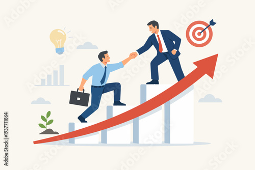 Business Mentor Coaching and Leadership Support for Career Growth and Success. Professional Partnership with Manager Helping Employee Climb Bar Chart Towards Target Goal and Creative Idea.