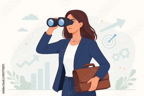 Businesswoman in a blue suit looking through binoculars searching for new job opportunities and career growth. Concept of vision, strategic planning, and future goals with business icons.