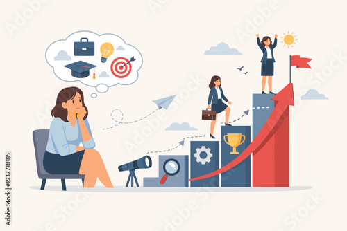 Woman planning her career path and personal development, visualizing goals like education and success while climbing a staircase of achievements towards professional growth and motivation.