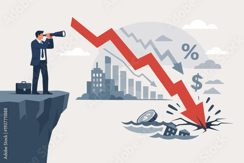 Businessman with telescope watching a crashing red arrow symbolizing economic recession, stock market crisis, financial failure, inflation, and global market downturn in a vector illustration.