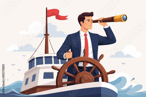 Visionary Business Leader Steering a Ship and Looking Through a Telescope for Future Success, Career Direction and Corporate Achievement Concept, Professional Leadership and Strategic Planning.