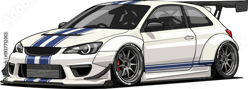 A sleek white sports car with blue stripes drives on a track from a low angle viewpoint