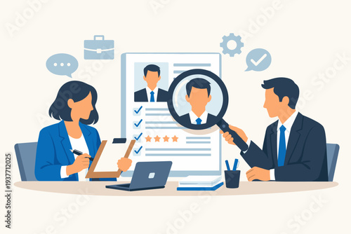 Professional recruiters analyzing a job candidate's resume and profile for a vacancy. Human resources team evaluating applicant qualifications, talent, and skills during the hiring process.