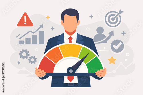 Businessman Holding Performance Gauge for Risk Assessment, Employee Evaluation, and Business Efficiency Rating. Concept of Credit Score, KPI Measurement, Success, and Quality Control Management.