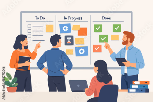 Team of Professionals Reviewing Project Progress on a Kanban Board with To Do, In Progress, and Done Columns, Agile Workflow Management, Task Tracking, and Collaborative Office Teamwork Illustration