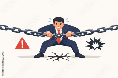 Businessman in Suit Struggling to Hold a Breaking Metal Chain Together Representing Single Point of Failure, Vulnerability, Risk Management, and the Intense Pressure of Maintaining a Weak System Link
