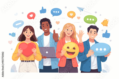 Diverse group of young professionals for social media team community management and online advertising concept, holding digital icons like hearts, emojis, and speech bubbles for networking.