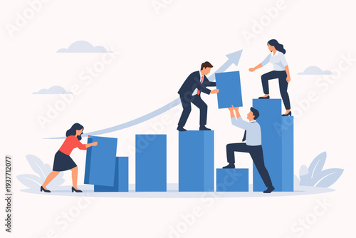 Business teamwork for growth and success concept with professional team building a rising bar chart together. People collaborating to increase performance, improve strategy and achieve goals.