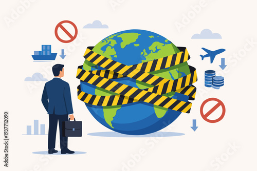 Businessman looking at a globe wrapped in yellow caution tape representing economic sanctions, trade restrictions, and global financial crisis with icons for shipping, aviation, and money.