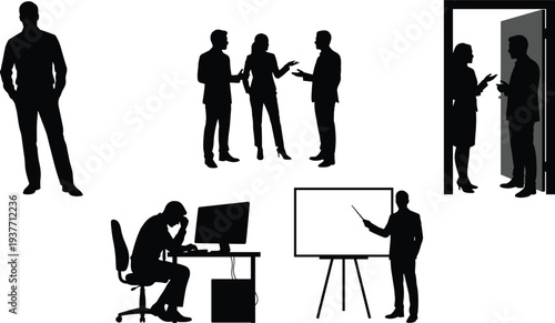 Business office silhouettes set with discussion presentation computer work teamwork corporate communication professional people vector illustration collection
