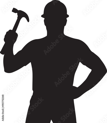 Construction worker with helmet holding hammer silhouette