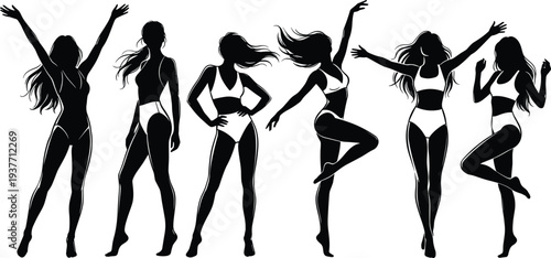 Women bikini silhouettes set, female beach body poses, summer swimwear fashion models dancing standing isolated vector illustration
