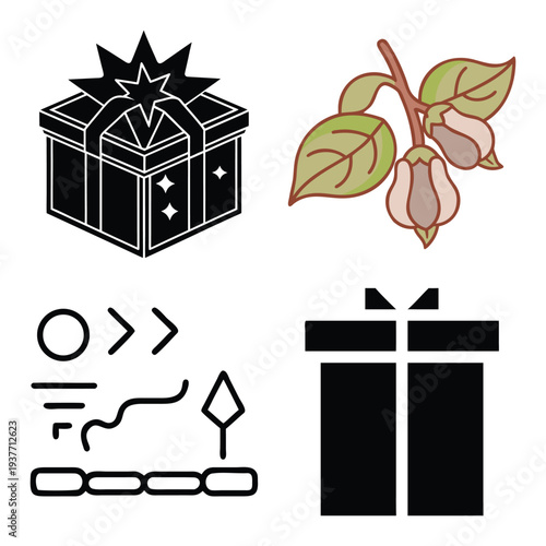 Comprehensive collection of minimalist line art and colorful icons featuring digital technology, artificial intelligence, Islamic motifs, kitchen utensils, decorative gifts, and botanical nature eleme