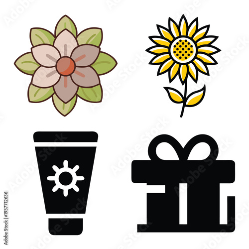 Comprehensive minimalist line art and colorful icon collection featuring digital technology, artificial intelligence, Islamic motifs, skincare products, sunflowers, and lifestyle gift symbols.