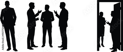 Business people discussion silhouettes set with men meeting conversation office teamwork corporate communication vector illustration collection