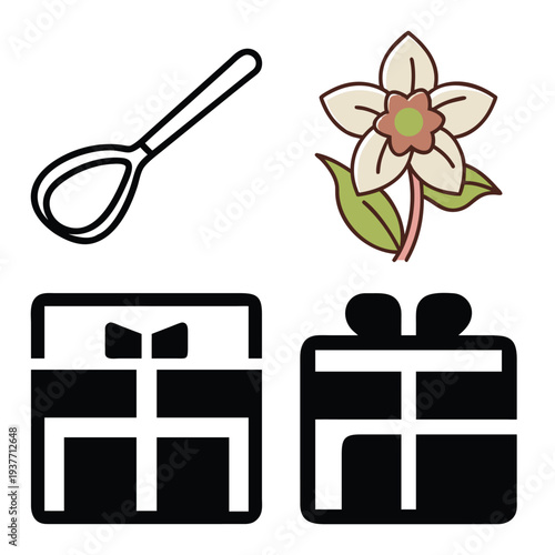 Comprehensive minimalist line art and colorful icon collection featuring digital technology, artificial intelligence, Islamic motifs, kitchen utensils, skincare products, and lifestyle gift symbols.