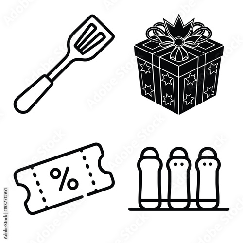 Comprehensive minimalist line art and colorful icon collection featuring digital technology, artificial intelligence, Islamic motifs, kitchen utensils, lifestyle gifts, and retail shopping symbols.