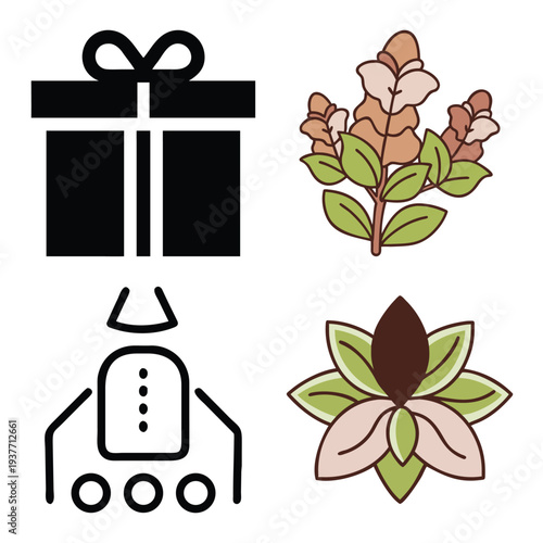 Comprehensive minimalist line art and colorful icon collection featuring digital technology, artificial intelligence, Islamic motifs, lifestyle gifts, floral designs, and retail shopping symbols.