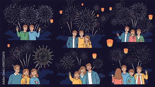 Families and groups of friends celebrating with fireworks and flying lanterns in the night sky during a festival.