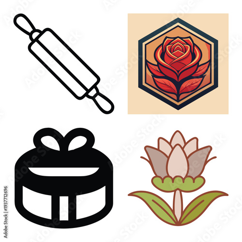 Minimalist black and white line art and colorful icon collection featuring digital technology, artificial intelligence, Islamic motifs, kitchen tools, floral logos, and lifestyle graphics.