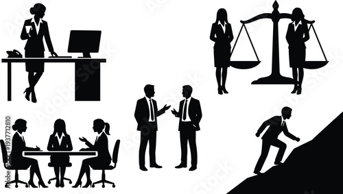 Business people silhouettes set including office work meeting discussion law balance teamwork and career growth vector illustration