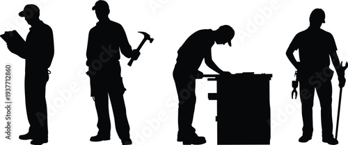 Construction worker silhouettes set, carpenter and builder with tools, repair maintenance work, industrial labor workers