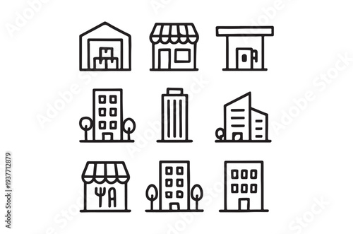 A collection of simple black and white line drawings depicting various architectural building facades high quality