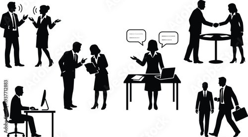 Business people silhouettes set showing discussion handshake office work meeting communication and teamwork corporate vector illustration isolated