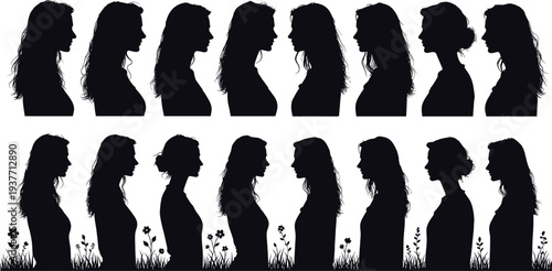 Women profile silhouette collection with different hairstyles, female side view portraits vector set with floral grass elements isolated on light background for design projects