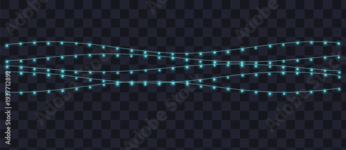 Wavy lines of sparkling teal string lights on an isolated dark transparent backdrop