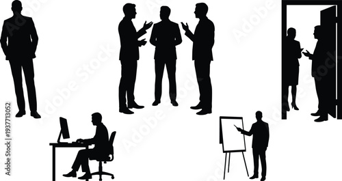 Business people silhouettes set with meeting discussion presentation office work computer professional corporate teamwork vector illustration collection