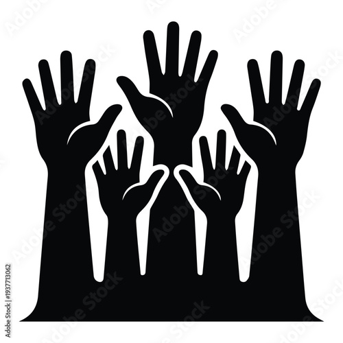 Raised hands, symbolizing unity, teamwork, volunteerism, and community participation Icon Silhouette vector black design on a white background