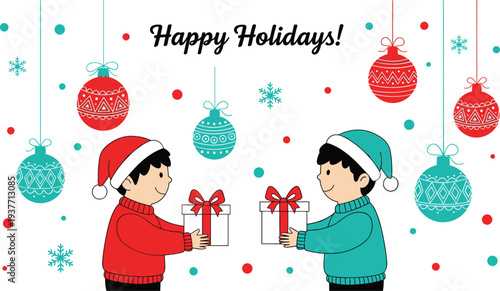 Happy Holidays Christmas card vector illustration with children in Santa hats exchanging gift boxes and hanging festive decorative ornaments.